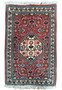 Full view of 1'6 x 2'2 Bijar Poshti Persian rug with red field, ivory medallion, and floral motifs handwoven in Bijar, Iran