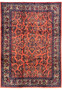 8'5 x 11'3 Persian Sarough rug with burnt coral red field, navy and ivory floral borders, hand-knotted wool, traditional all-over floral design.