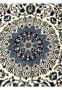 Zoomed medallion view of Square Persian Nain Rug highlighting silk accents in burgundy and blue