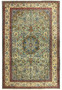 Full view of 9'4 x 14'5 Persian Tabriz rug with light sage-green field and ivory floral border