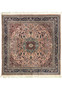 Full view of 8'2 x 8'2 Persian Tabriz square rug with salmon field, navy border, and detailed floral medallion