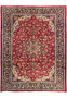 Full view of 9'6 x 12 Persian Isfahan rug with red field and navy floral border