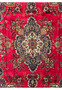 Close-up of central ivory medallion with floral motifs on red background of Persian Tabriz wool rug
