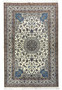 Full view of a signed 5'8" × 9' Persian Nain 4 LA Habibian rug showing ivory field, central blue floral medallion, and detailed beige and navy borders.