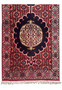 Central medallion with midnight-blue scallops, ivory lattice of red and sky-blue motifs, framed by deep crimson ground.