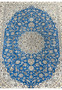 Detailed center field of royal blue Nain rug with beige and ivory silk floral motifs.
