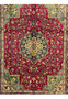 detailed midfield of 9'9 x 12'4 Persian Tabriz rug showing dense floral vines on deep wine red background