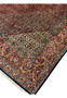 Close-up of lower border on Bijar rug with detailed floral vinework in brick red, navy, and green