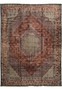 10x13'5 Persian Bijar Iron Rug with hexagonal medallion, brick red field, navy accents, and ivory corner designs.