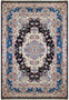 Single Tabriz rug full view with central medallion, blue borders, and finely detailed floral motifs.