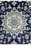 Close up of ivory and sky blue central medallion on royal navy Persian Nain rug