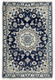 Full view of royal navy Persian Nain rug with ivory medallion and beige floral border