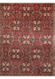 Midfield detail of floral Bijar rug with brick red field, ivory flowers, steel blue vines, navy outlines, and walnut accents