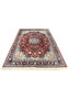 Laid down 8'5 x 11'8 floral Persian Isfahan rug with deep red field, intricate ivory floral vines, and classic navy border