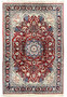 Full view of an 8'5 x 11'8 Persian Isfahan rug featuring a rich red floral field, detailed central medallion, and ivory framed border