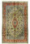 Full view of green Persian Kashan rug with central medallion and floral border, 6'7 x 9'10 size
