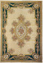Full view of an 11'4 x 18 French Aubusson rug with beige field, emerald green floral border, oval medallion, and classical rose garland design