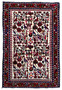 Hand-knotted 3'5 x 5 Persian Rudbar village rug with allover tree and bird design, ivory field, deep red border, and rich tribal wool craftsmanship.