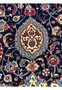 Detailed Persian Mashad rug motif featuring floral medallion elements, intricate curvilinear vines, and silk highlights on a deep navy background