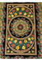 Midfield detail of a Persian Qum pure silk rug highlighting layered oval medallions, dense floral motifs, and sharp silk definition against a deep black ground