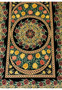 Lower medallion close-up of a signed Persian Qum silk rug showing roses, vine scrolls, and precise silk knot work forming a symmetrical circular composition