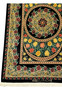 Border close-up of a Persian Qum 100 percent silk rug featuring repeating rose motifs, scrolling vines, and finely articulated floral guard borders