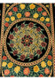 Central medallion detail of a 3'5 x 5'2 Persian Qum 100 percent silk rug featuring circular floral symmetry, fine knot density, and rich color contrast