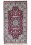 Full view of a 3' x 5'3 Persian Tabriz rug featuring a deep burgundy field, intricate floral medallion, and light blue and ivory borders