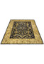 8' x 10' Indian Agra rug laid flat showing overall proportions, navy blue field, aged gold border, floral motifs, and even distress from long-term use
