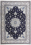 Full view of a 10x19 Persian Nain 9 La oversize rug with navy blue field, ivory medallion, layered borders, and classic Persian design