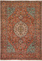 Full view of an 8'2 x 11'2 signed Paradies Persian Tabriz rug showing terracotta field, ivory medallion, garden motifs, and bird imagery