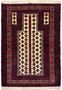Full view of a 3'2 x 4'7 Persian Baluch prayer rug in Khal Mohammadi style with burgundy field, ivory mihrab, and geometric tribal motifs