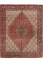 Full view of hand knotted Persian Bijar rug with ivory field, deep red diamond medallion, dense geometric motifs, and richly detailed floral borders.