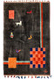 Full view of 3'5 x 5'6 Persian Gabbeh tribal rug with charcoal field, animal motifs, coral blocks, checkerboard panel, and thick wool pile texture