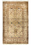 Full view of 6x10 distressed Oriental Agra wool rug with beige gold field, floral lattice design, and aged patina showing vintage character