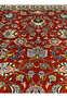 Full floral lattice design of handmade Tabriz rug with rust red background, navy outlines, cream flowers and balanced Persian garden composition