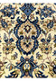 Persian Kashan rug pattern closeup featuring ivory background blue floral motifs symmetrical vine scrolls and dense handmade wool knots