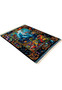Angled perspective of fine Qum silk dolphin rug highlighting sheen depth and underwater marine life detail