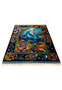 Persian Qum silk dolphin ocean scene rug laid flat showing luminous blues tropical fish and ornate gold framing