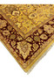 Edge and fringe detail of handmade 9x12 gold and burgundy Indian Agra wool rug.