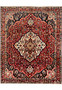 Vintage Persian Bakhtiari rug 10x14 full view, hand-knotted wool with crimson red field and ivory star medallion.
