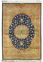4x6 Persian Qum pure silk rug signed Kabiri navy blue rose teal gold floral medallion full view