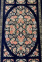 3x5 Persian Qum pure silk rug signed oval floral medallion coral rose closeup navy blue