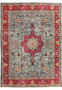 10x13 Persian Tabriz rug full view, sky blue field, crimson star medallion, ivory and red floral border