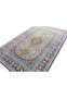 Indigo and ivory Persian Qum kork wool rug angled view with shah abbasi palmette florals for foyer