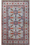 Authentic 4'5 x 7'2 Persian Qum kork wool rug full view with geometric allover tribal design on ivory field