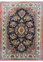 Authentic 4'5 x 6'8 Persian Qum kork wool rug full view with floral medallion and bouquets on midnight navy field