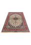 Laid down 8x12 premium Persian Isfahan wool silk rug ivory field crimson red border navy blue medallion handmade Persia
