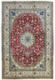 Full view of red Persian Nain 9LA rug showing detailed medallion design, ivory borders, and fine wool and silk weave