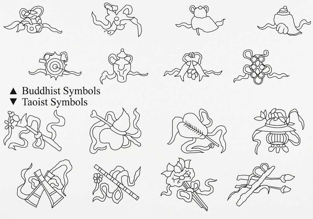 Line drawings of the 8 Buddhist and 8 Taoist good fortune symbols found on Chinese rugs